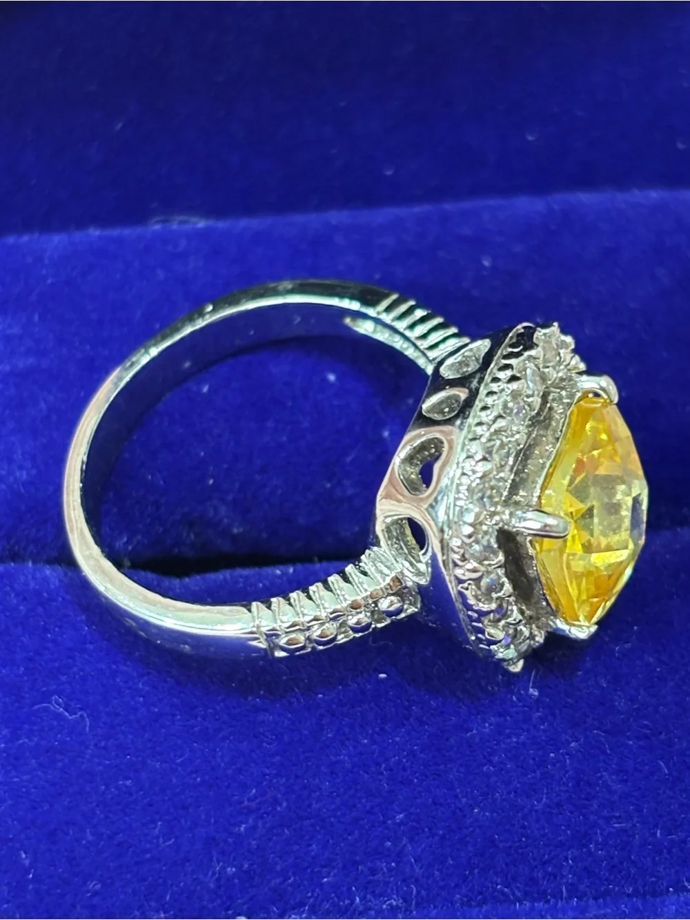 Yellow Cushion-Cut Halo Ring with Clear Accent Stones